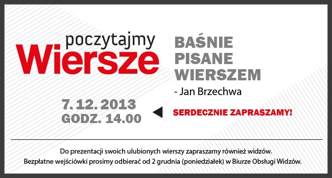 Kolejne spotkanie z cyklu POCZYTAJMY WIERSZE – wierszowane baśnie Jana Brzechwy (07.12. o godz. 14.00).