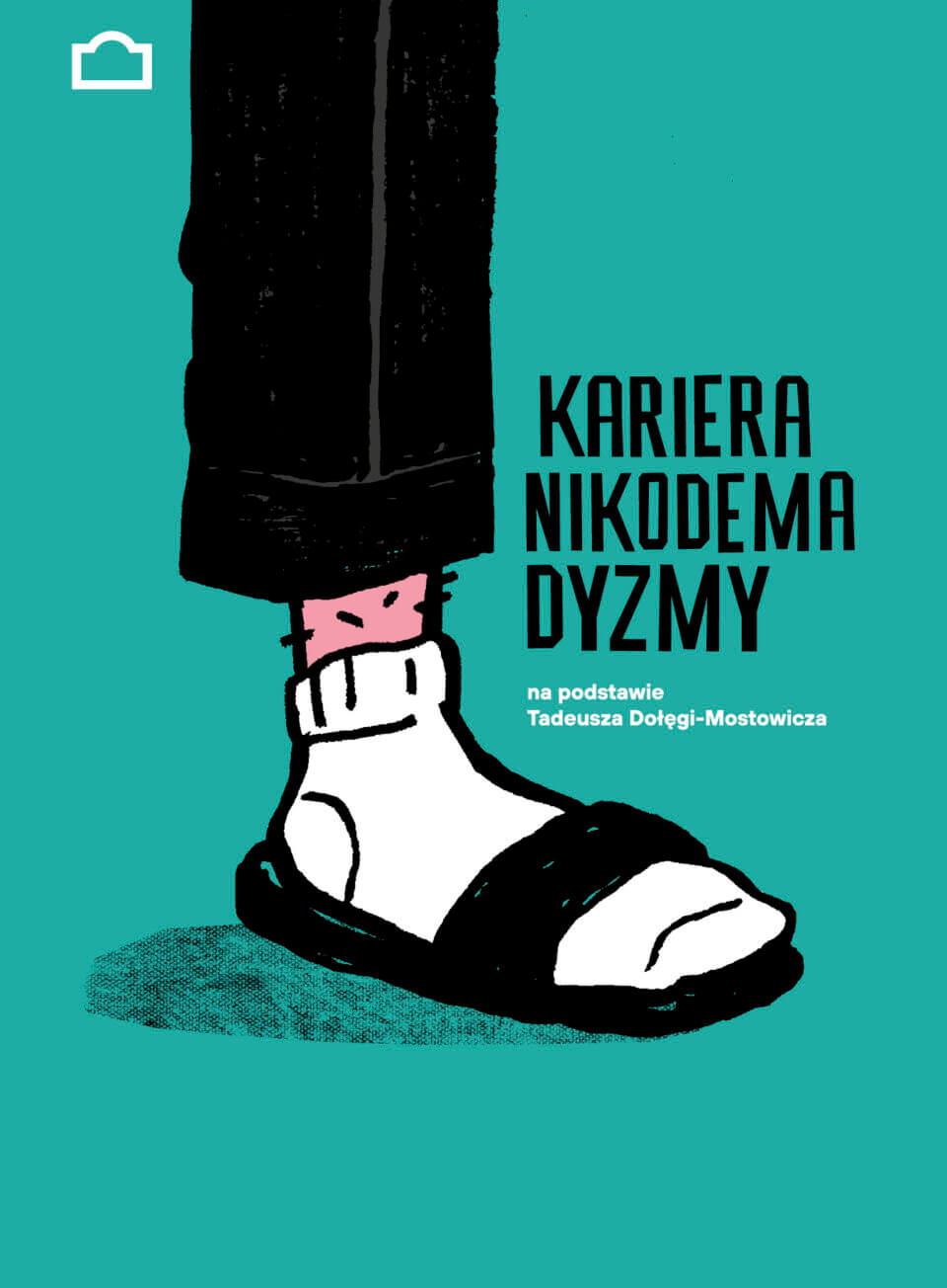 Plakat spektaklu „Kariera Nikodema Dyzmy” Plakat przedstawia rysunkową ilustrację dolnej części nogi ubraną w czarne szerokie spodnie, różową skarpetkę i biały skarpetkowy but wsunięty w czarny klapek. Tło plakatu jest turkusowe. Po prawej stronie znajduje się czarny tytuł spektaklu „Kariera Nikodema Dyzmy”, a pod nim informacja, że spektakl powstał na podstawie powieści Tadeusza Dołęgi-Mostowicza. W górnej części umieszczono datę premiery i nazwisko reżysera, Piotra Ratajczaka.