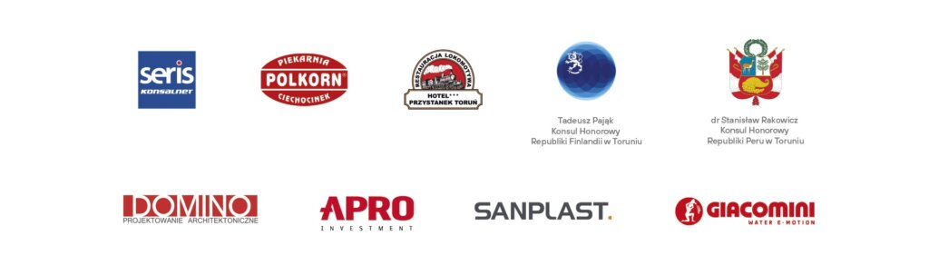 Blok graficzny z 2 rzędami logotypami sponsorów. W pierwszym: Series Konsalner, Polkorn - piekarnia Ciechocinek, Hotel Przystanek Toruń, Tadeusz Pająk - Konsul Honorowy Republiki Finlandii w Toruniu, dr Stanisław Rakowicz - Konsul Honorowy Republiki Peru w Toruniu, Domino - projektowanie architektoniczne, Apro Investment, Sanplasy, Giacomini - Water e-motion