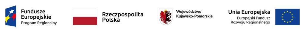Belka informacyjna. Na niej cztery informacje. Po lewej stronie nibieski prostokąt z trzema gwiazdami w kolorach: białym, żółtym i czerwonym - obok napis - Fundusze Europejskie, Program Regionalny. Następnie flaga biało-czerwona i napis Rzeczypospolita Polska. Kolejne godło i napis - Województwo Kujawsko-Pomorskie. Najbardziej po prawej napis - Unia Europejska, Europejski Fundusz Rozwoju Regionalnego - obok flaga Uni Europejskiej
